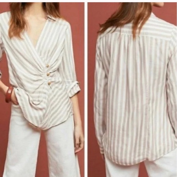 Anthropologie Maeve Mauve Ivory Surplice Wrap Draped Long Sleeve Blouse Shirt 4 - Picture 2 of 14